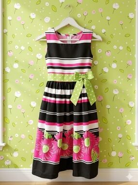 Girl's Pink Floral & Stripe Dress Size 7 with Green Polka Dot Waist Band & Bow